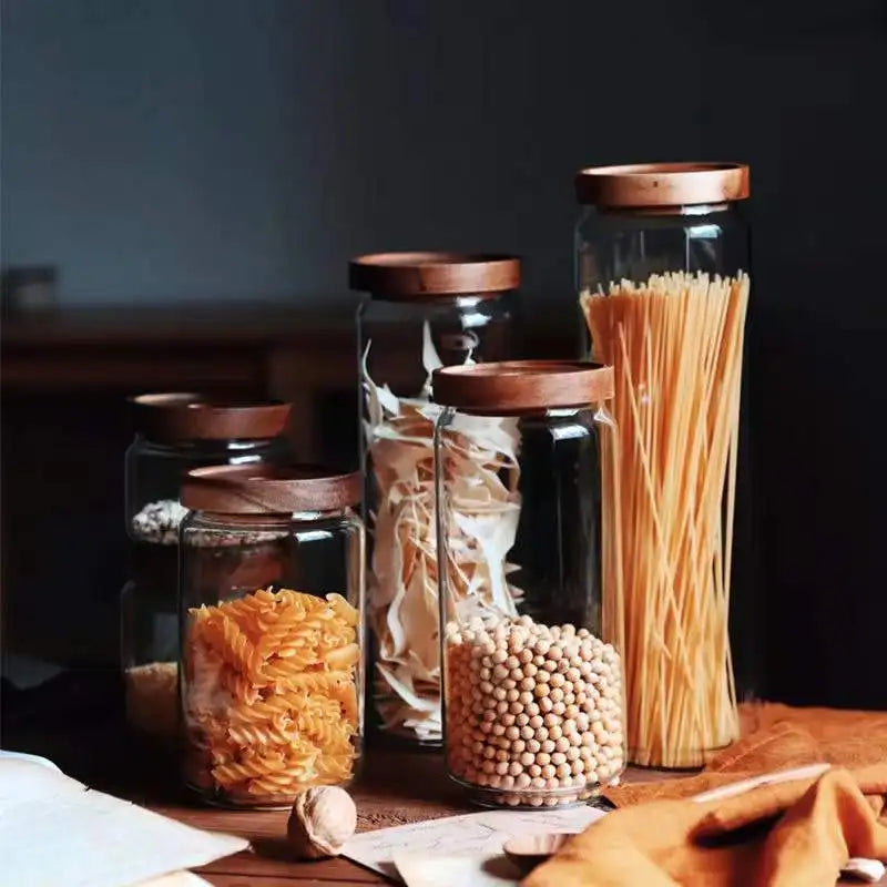 Sealed Food Storage Jars Wood Lid Glass Airtight Canister Tea Coffee Beans Kitchen Storage Bottles Jar Sealed Grounds Candy Jars