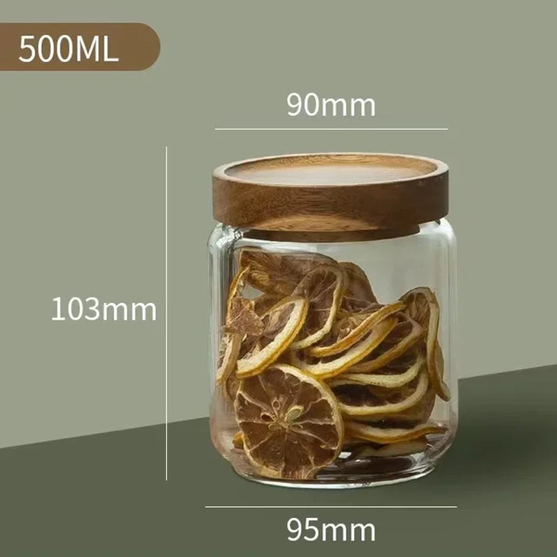 Sealed Food Storage Jars Wood Lid Glass Airtight Canister Tea Coffee Beans Kitchen Storage Bottles Jar Sealed Grounds Candy Jars