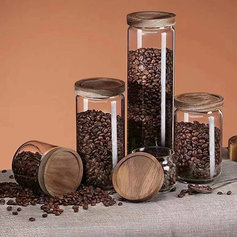 Sealed Food Storage Jars Wood Lid Glass Airtight Canister Tea Coffee Beans Kitchen Storage Bottles Jar Sealed Grounds Candy Jars