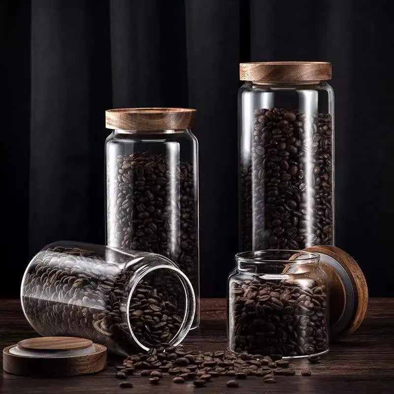 Sealed Food Storage Jars Wood Lid Glass Airtight Canister Tea Coffee Beans Kitchen Storage Bottles Jar Sealed Grounds Candy Jars