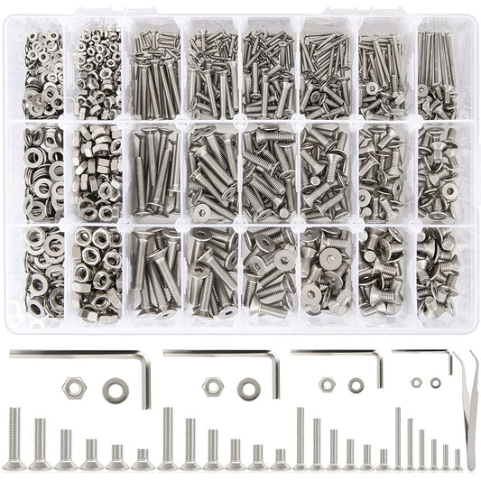 1255Pcs 24 Sizes M2 M3 M4 M5 Hex Socket Flat Head Screw Bolts and Nuts Kit, 304 Stainless Steel Nuts and Bolts Assortment Kit Silver Metric Machine Screws 8Mm 10Mm 12Mm 16Mm 20Mm 25Mm