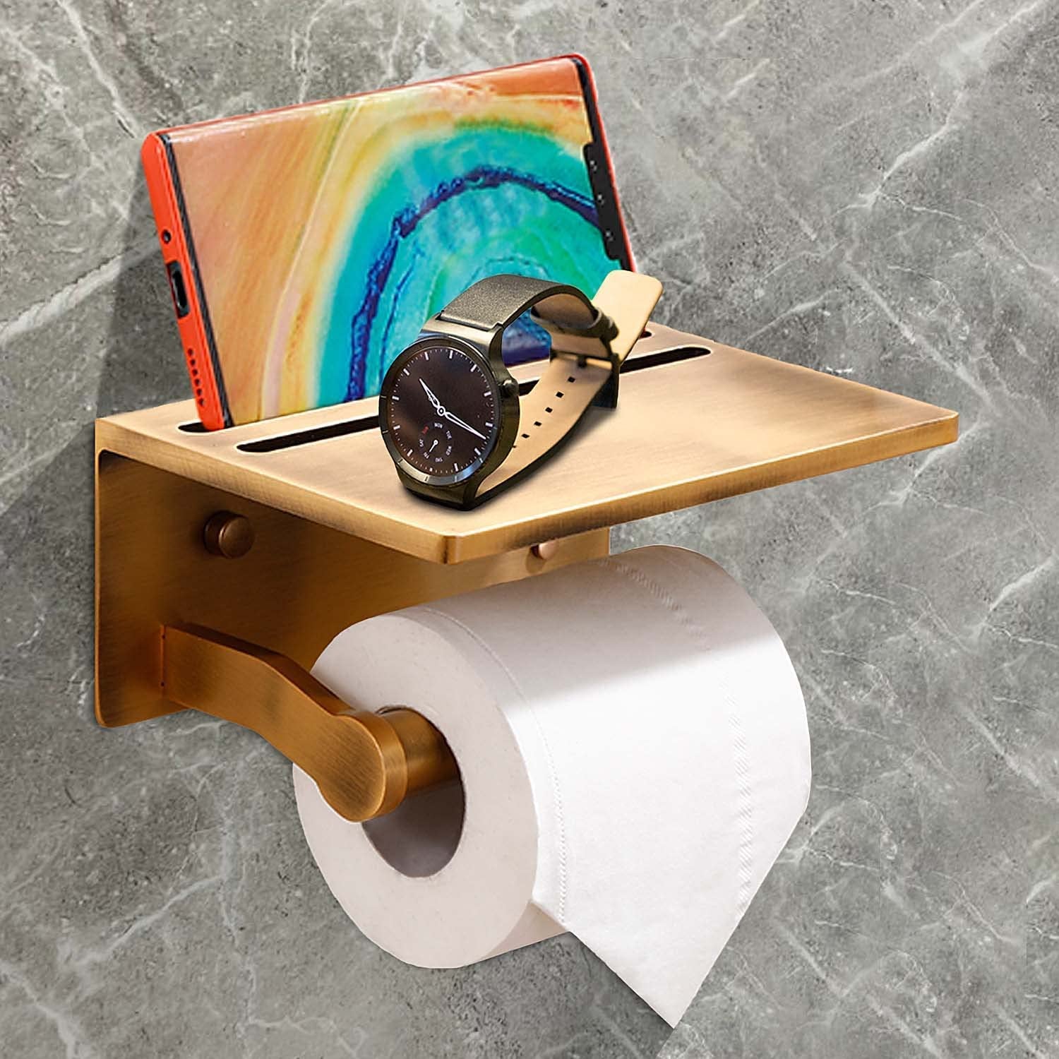Smarthome Toilet Paper Holder with Shelf, Aluminum Tissue Roll Dispenser with Mobile Phone Storage Shelf for Bathroom, 3M Self Adhesiv or Wall-Mounted with Screws, Antique Brass