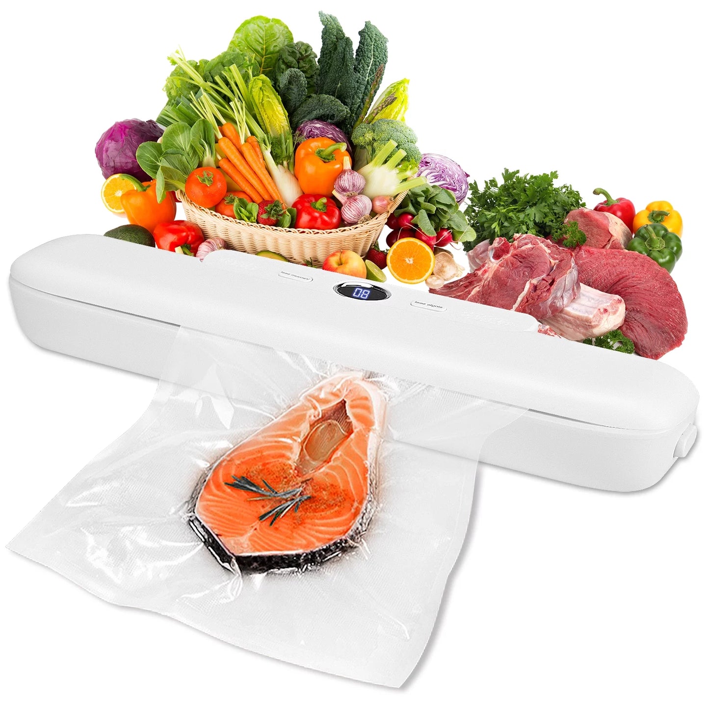 Automatic Vacuum Sealer Machine, Built in Air Sealing System, 2 Food Modes, LCD Display, White