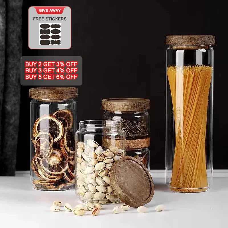 Sealed Food Storage Jars Wood Lid Glass Airtight Canister Tea Coffee Beans Kitchen Storage Bottles Jar Sealed Grounds Candy Jars