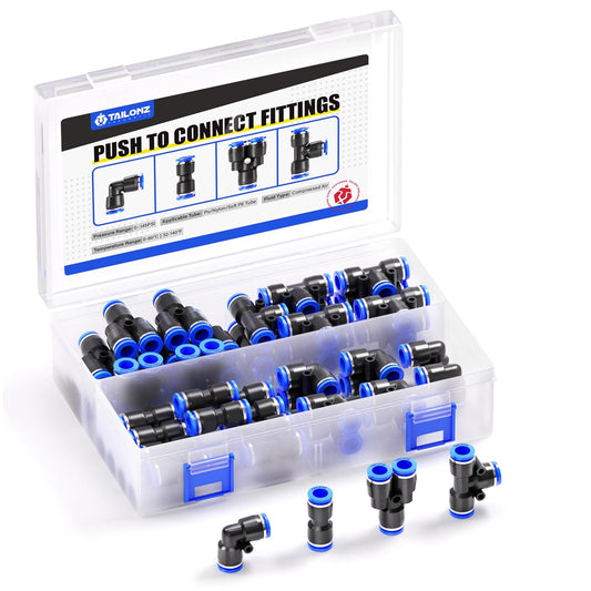 5/16 Inch or 8Mm Od Push to Connect Fittings Pneumatic Fittings Kit 10 Spliters+10 Elbows+10 Tee+10 Straight (40 Pcs)