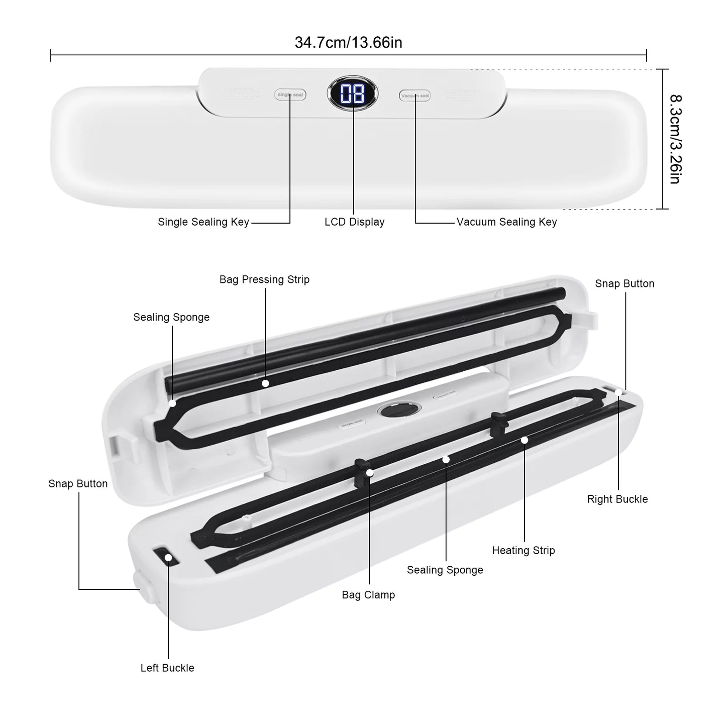 Automatic Vacuum Sealer Machine, Built in Air Sealing System, 2 Food Modes, LCD Display, White