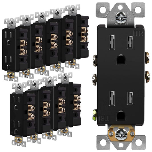 Decorator Receptacle, Tamper-Resistant Wall Outlet, Residential Grade, 3-Wire, Self-Grounding, 2-Pole, 15A 125V, UL Listed, 61501-TR-BK-10PCS, Black (10 Pack)