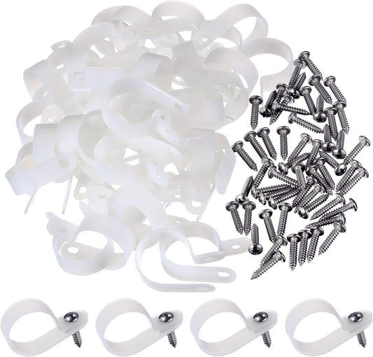 50 Pack R-Type Cable Clip Wire Clamp, Nylon Screw Mounting Cord Fastener Clips with 50 Pack Screws for Wire Management (1 Inch)