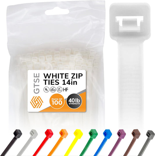 14 Inch White/Clear Zip Ties, 100 Pack, 40Lb Strength, UV Resistant Long Nylon Long Cable Ties, Self-Locking 14" Tie Wraps