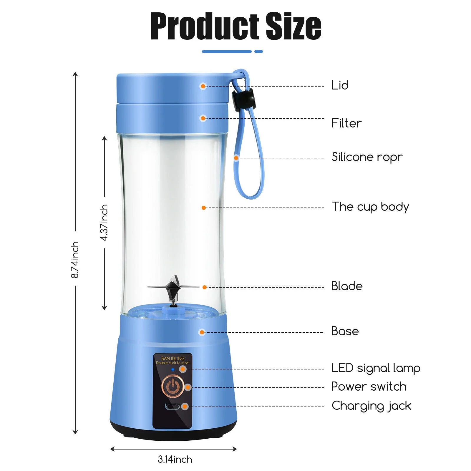 Portable Juicer for Fruit Smoothie Shake & Juice, Portable Blender Cup, USB Rechargeable, 350ML Capacity- Blue