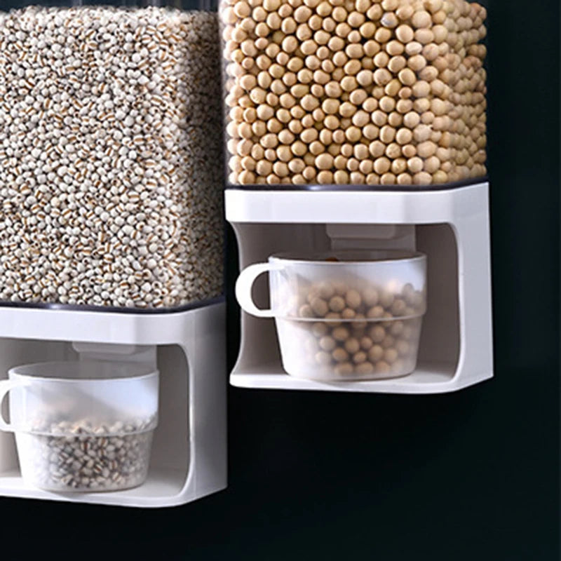 1L/1.5L Cereal Dispenser Wall Mounted Plastic Divided Rice Container Insect Proof Moisture Proof Rice Storage Kitchen Organizer