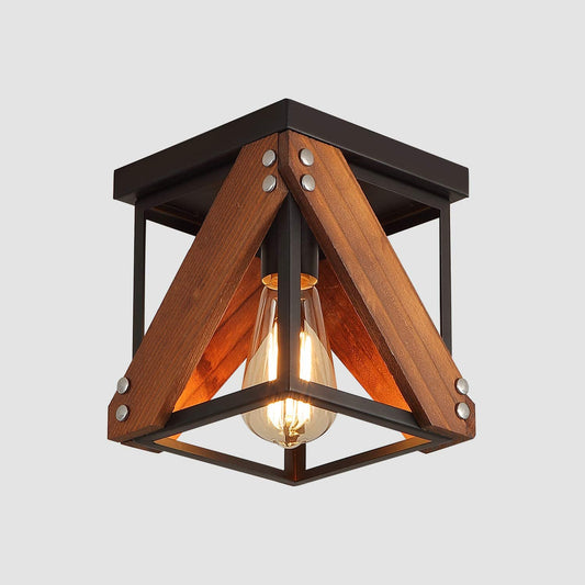 Rustic Industrial Flush Mount Ceiling Light 1-Light Metal and Wood Cage Mini Semi Flush Mount Light Fixture for Hallway Kitchen Entryway, Black