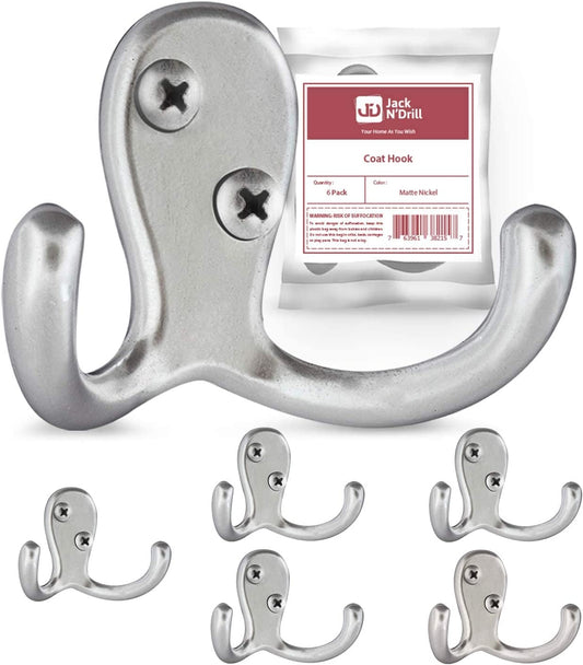 Jack N’ Drill Coat Hook 5+1 Pack in Matte Nickel, Heavy Duty and Easy to Install Two-Prong Wall Hooks for Towels, Coats, Hats, Bags and Robes Ideal for Use at Home, Kitchen, Bathroom and Office